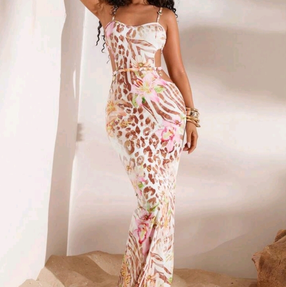 Women's Leopard & Floral Print Fitted Dress,Floral Print Halter Criss-Cross Wrap - Picture 1 of 5